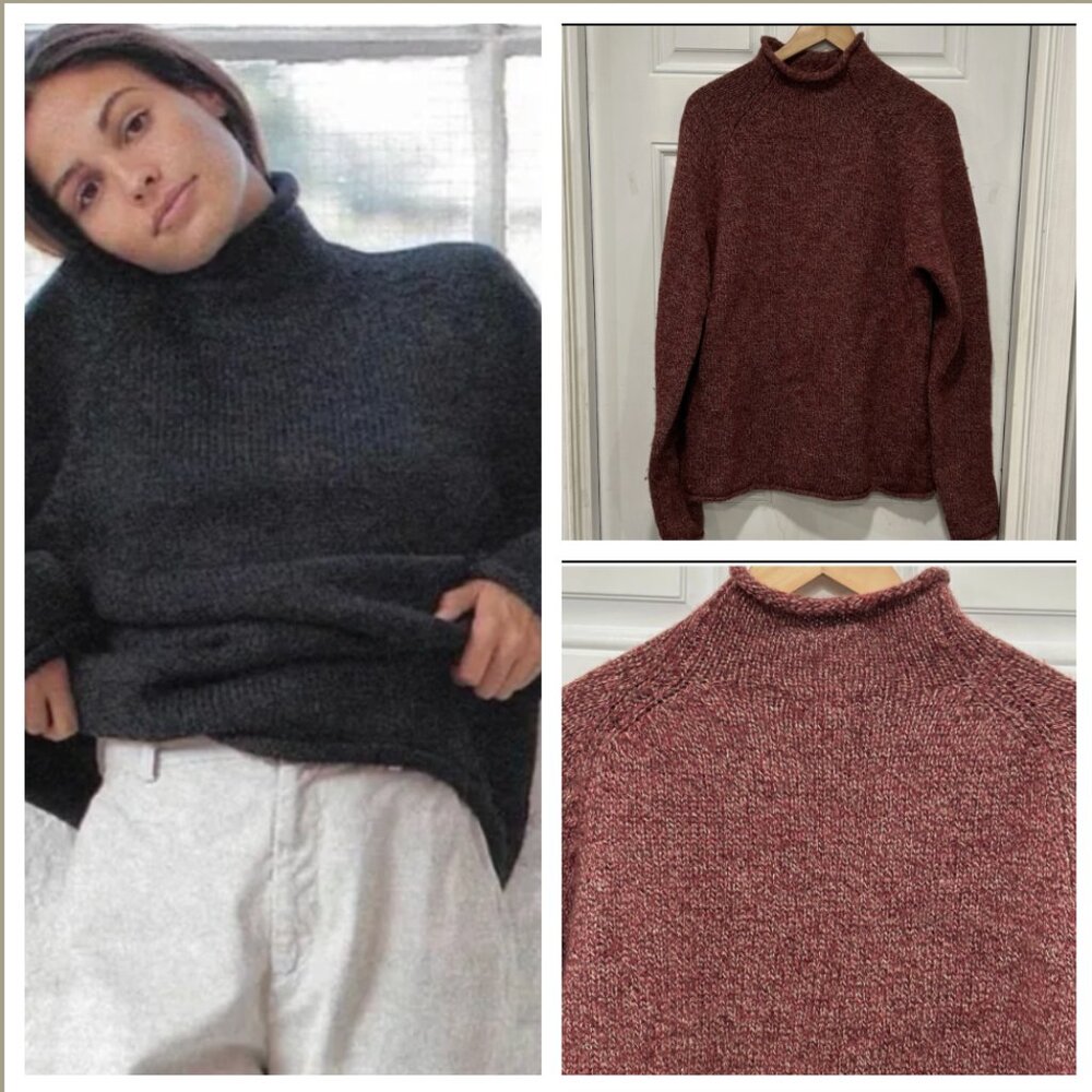 J. Crew 90s Vintage Marled Red Roll Neck Pullover Sweater Chunky Wool Oarsman M